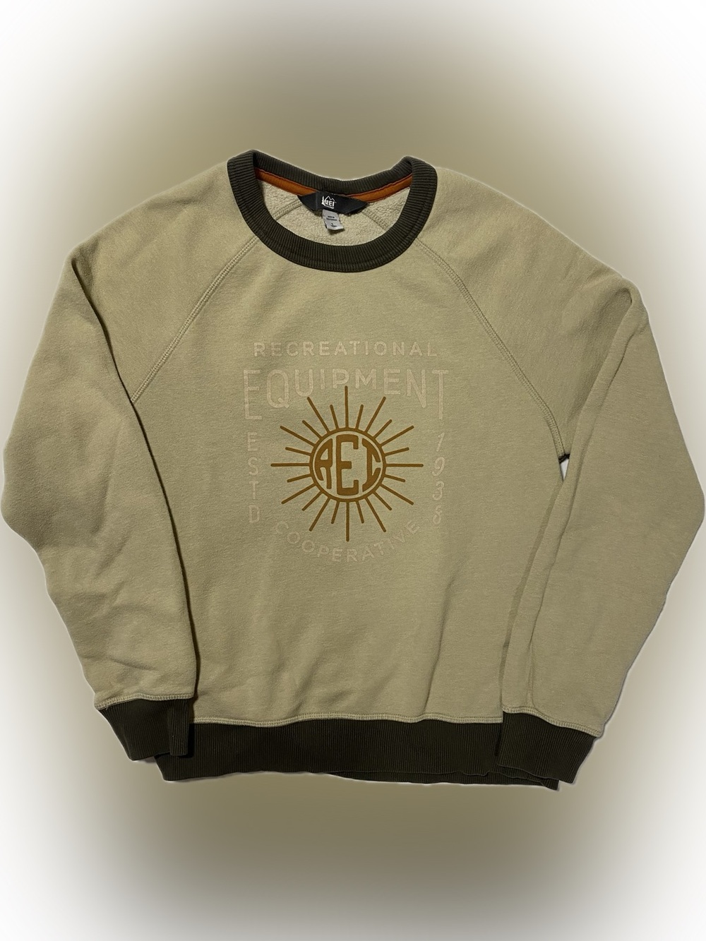 REI Olive Crewneck Sweatshirt with Dark Green Trim and Sun Graphic
